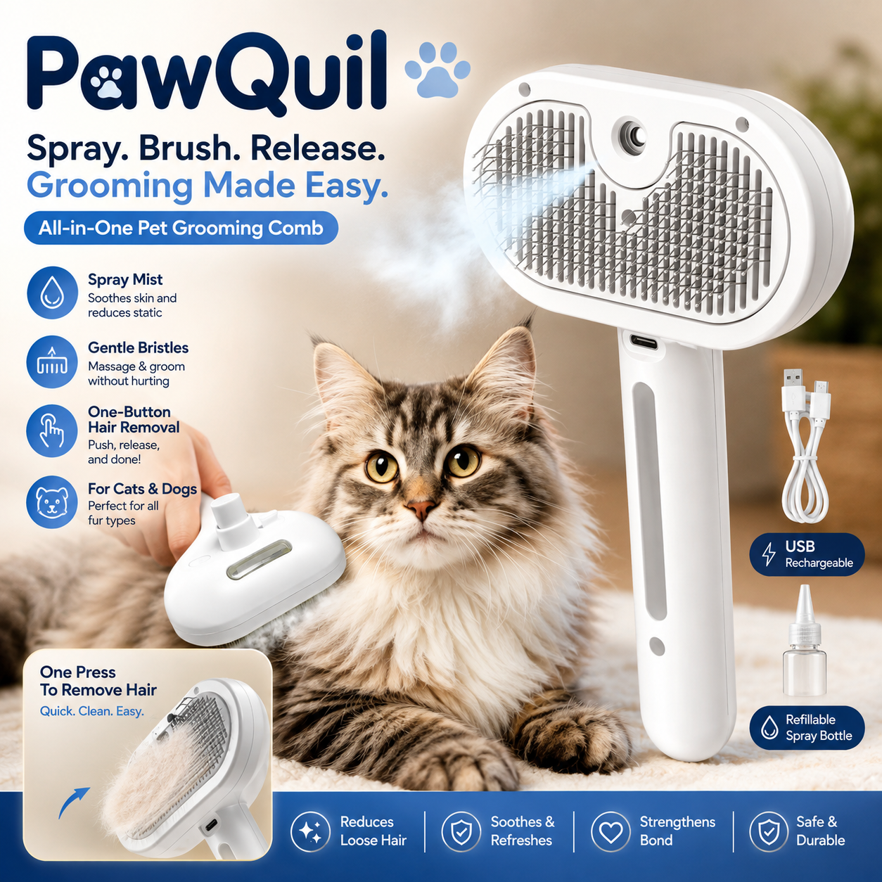 PawQuil 3-in-1 Mist Grooming Brush – One-Button Fur Removal for Cats & Dogs**